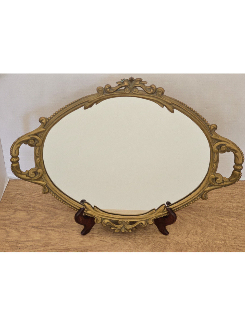 Vtg Ornate Hollywood Regency Style Gold Oval Mirrored Vanity Tray 1940s-1950s